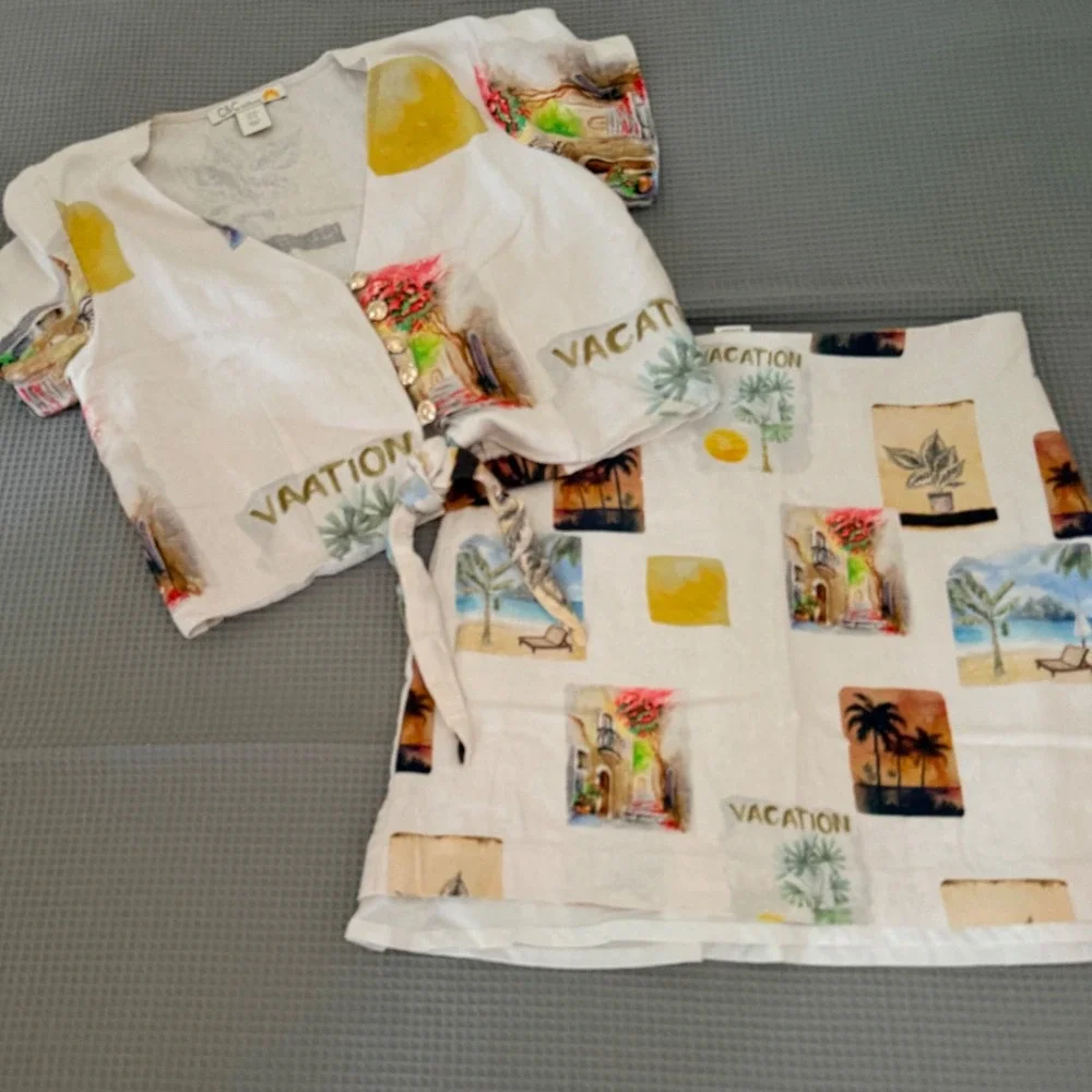 C&C California 2 Piece Set XS White Multicolor Postcard Print Top Mini Skirt